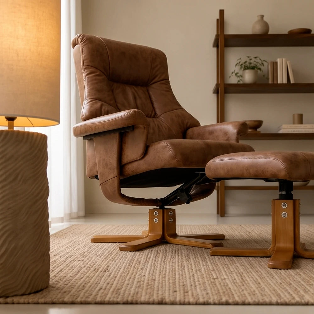 TOVA – Fauteuil Relax Inclinable 135° Pivotant avec Repose-pieds, Microfibre Marron